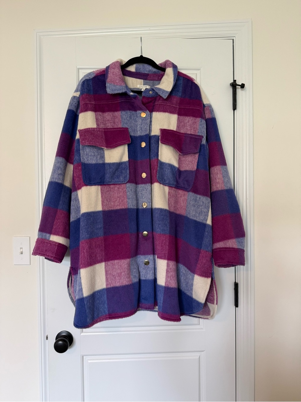 Plus Size Maurice’s Blue/Purple/Cream Plaid Shacket Jacket